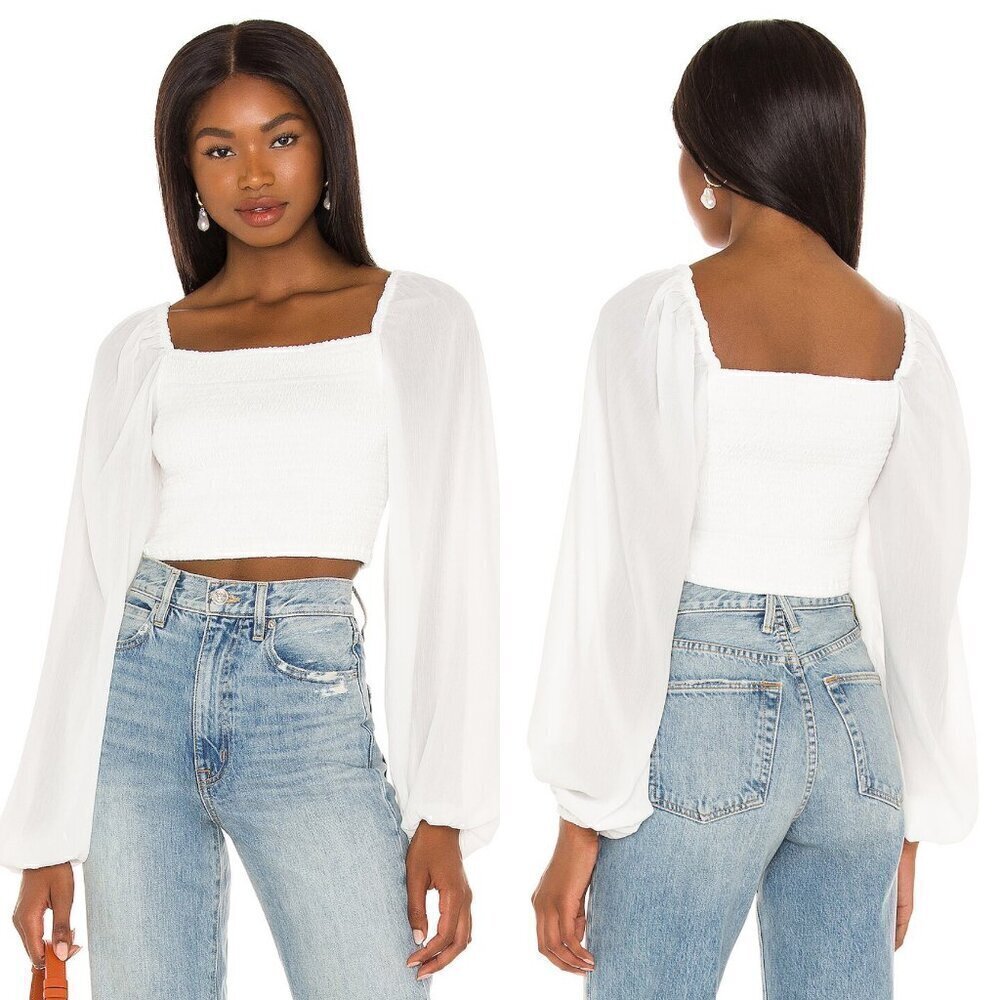 Camila Coelho Revolve White Long Sleeve Smocked Cropped Poesia Top